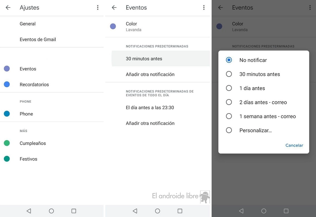 Personalizar notificaciones Google Calendar